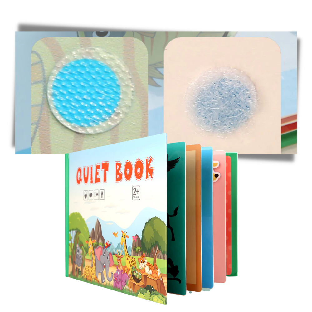 Livro de atividades pedagógicas Montessori da Blue Scratch, com páginas coloridas e elementos interativos para aprendizagem.