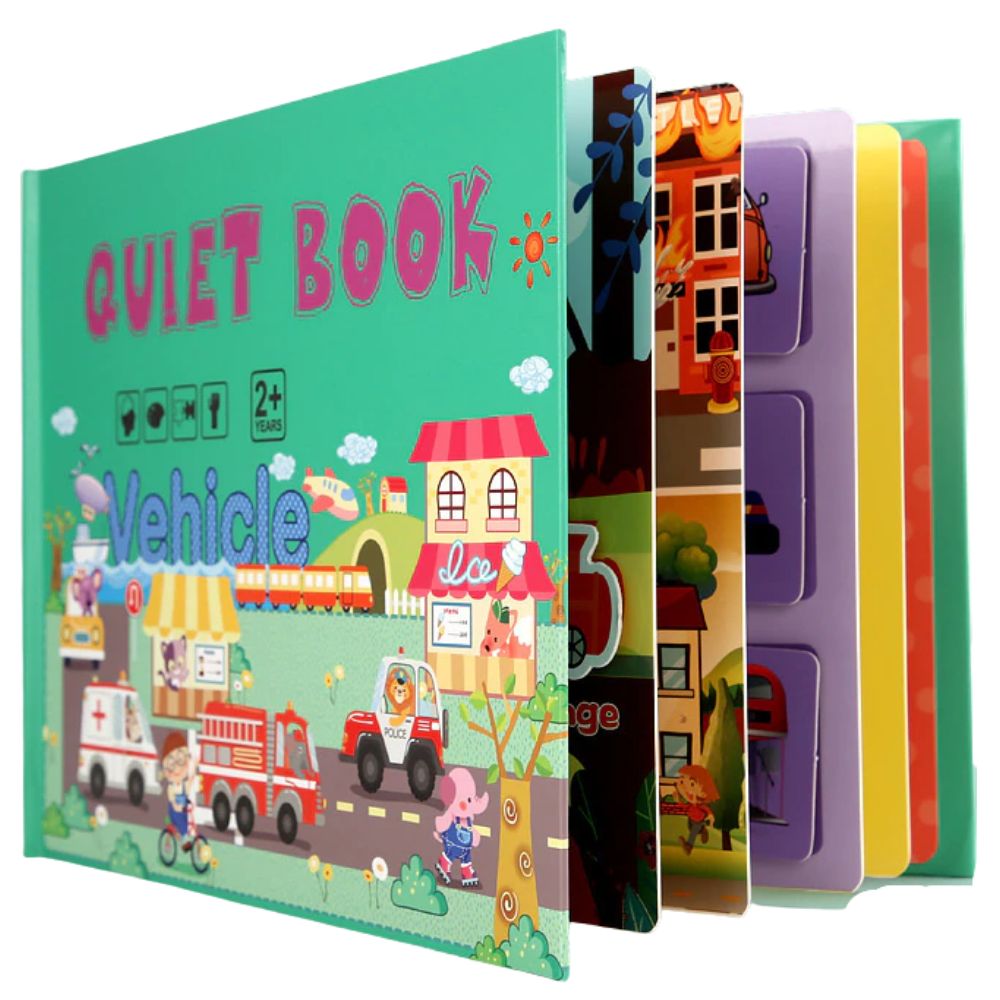 Livro de atividades Montessori Blue Scratch com temas de transporte, brinquedo educativo para crianças, com páginas interativas.