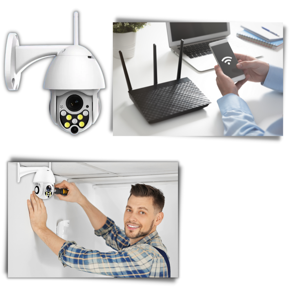 Câmera de vigilância Wi-Fi Shen Zhen Luom Technology com lente grande angular e suporte de instalação.