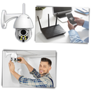 Câmera de vigilância Wi-Fi Shen Zhen Luom Technology com lente grande angular e suporte de instalação.