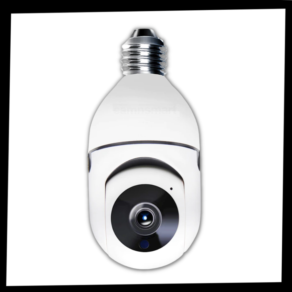 Ampoule inteligente com câmera de vigilância Shiziwei, foco na lente e corpo da lâmpada para monitoramento doméstico.