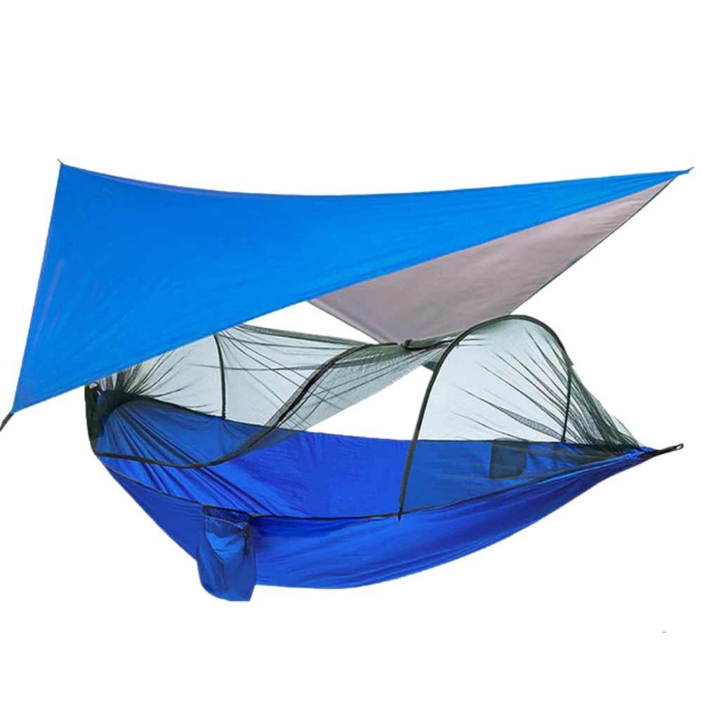 Rede de camping Sodial, tente-hamac azul para camping e trilhas, com cordas e suporte para relaxar ao ar livre.