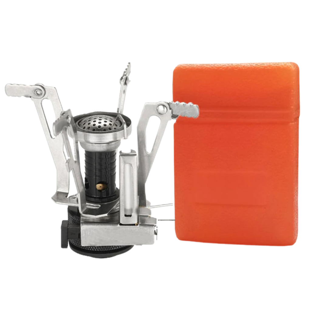 Mini réchaud de camping Yks à gaz avec brûleur noir, compact et portável para atividades ao ar livre e camping.