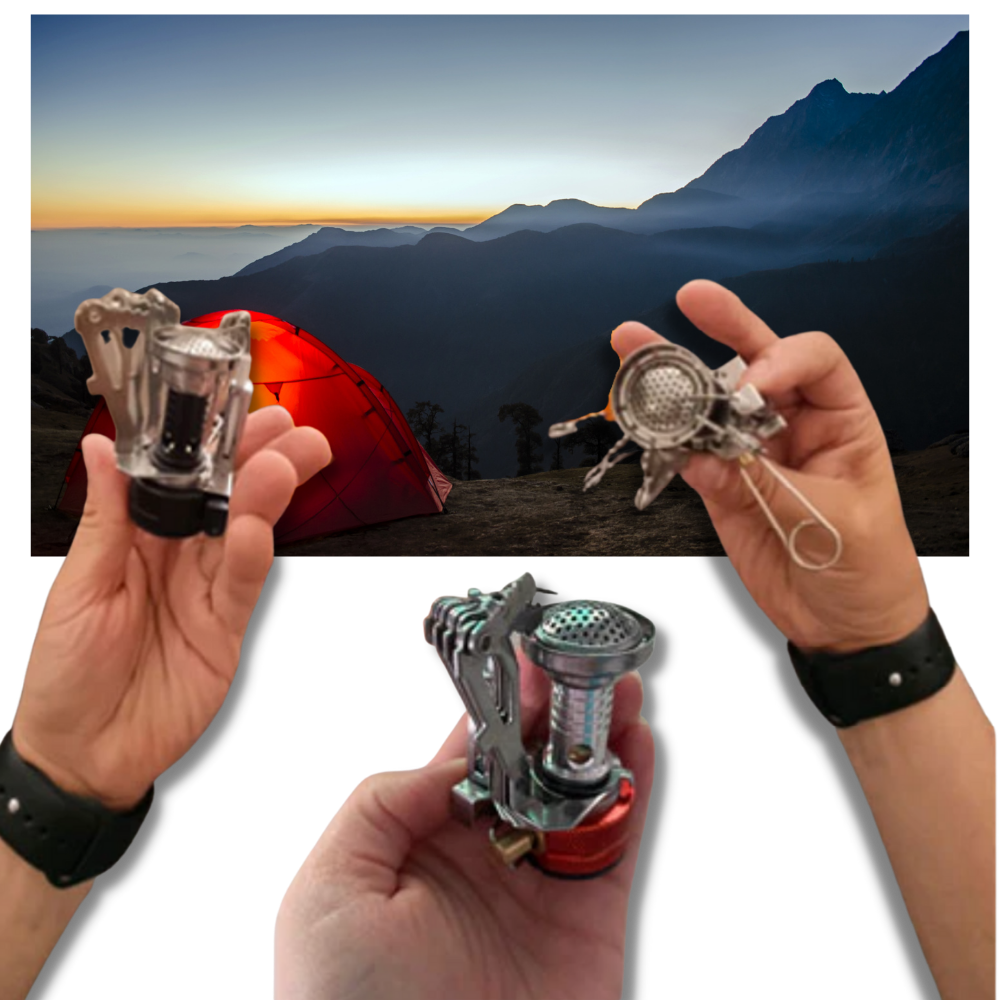 Mini réchaud de camping à gaz Yks avec brûleur portable pour camping et randonnée, facile à utiliser en plein air.