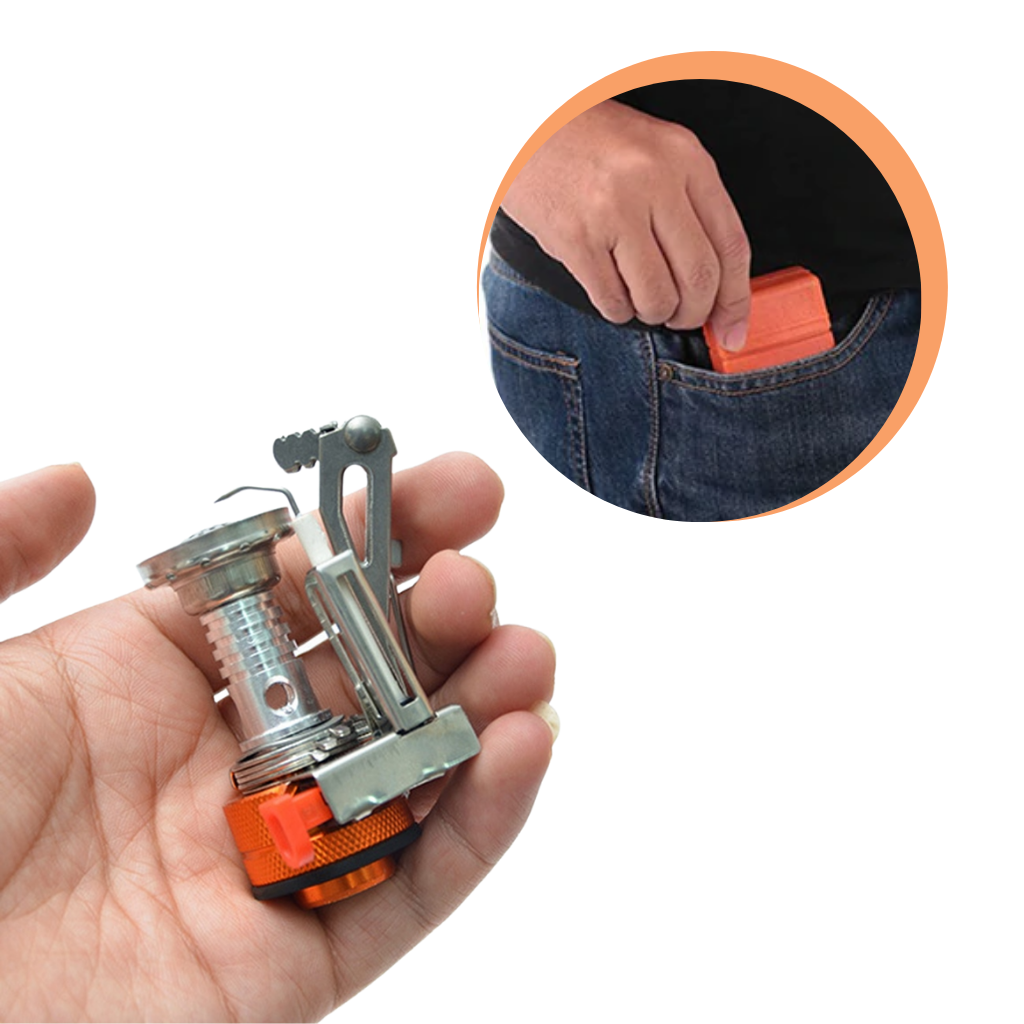 Rechaud de camping portátil Yks com queimador de gás, design dobrável ideal para aventuras de camping e caminhada.