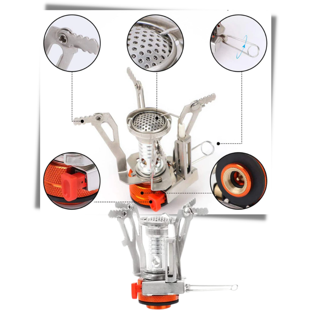 Mini réchaud de camping à gaz Yks avec brûleur compact, idéal pour camping et randonnée, montrant le brûleur et la surface de cuisson