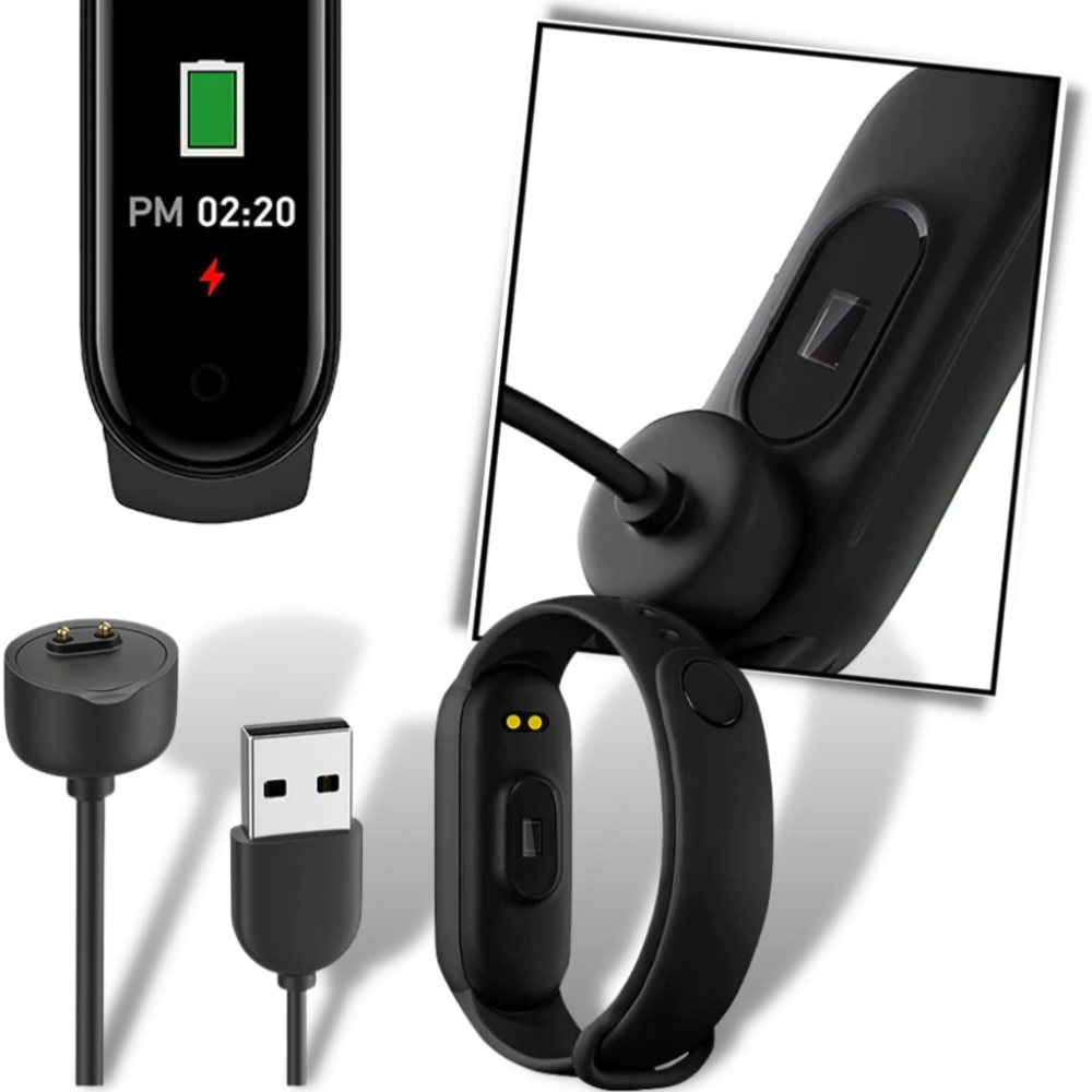 Pulseira de monitoramento de forma e sono Lallcas, mostrada com tela exibindo dados de treino e saúde.