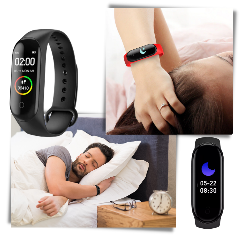Pulseira de monitoramento de forma e sono Lallcas, rastreando atividades físicas e padrões de sono, com display digital.