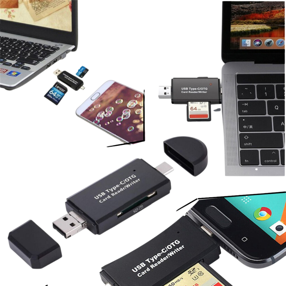 Leitor de cartões de memória USB 3 em 1 Gbrotan, componente de computador, mostrando portas para diferentes tipos de cartões.