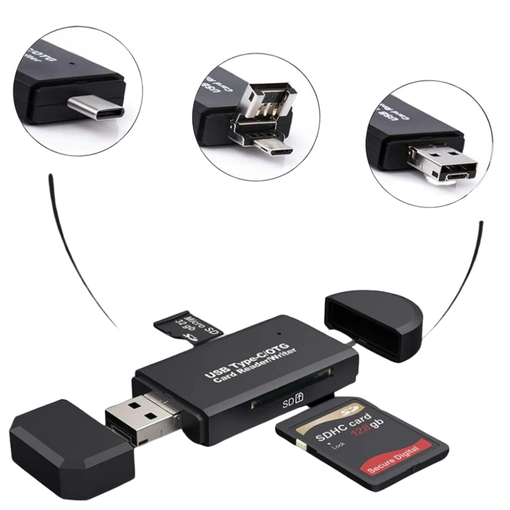Leitor de cartões de memória USB 3 em 1 Gbrotan, componente de computador, mostrando portas para diferentes tipos de cartões.