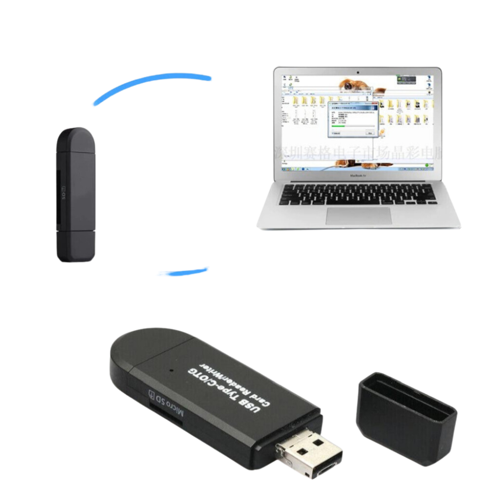 Leitor de cartões de memória USB 3 em 1 Gbrotan, componente de computador com múltiplas entradas para cartões de memória.