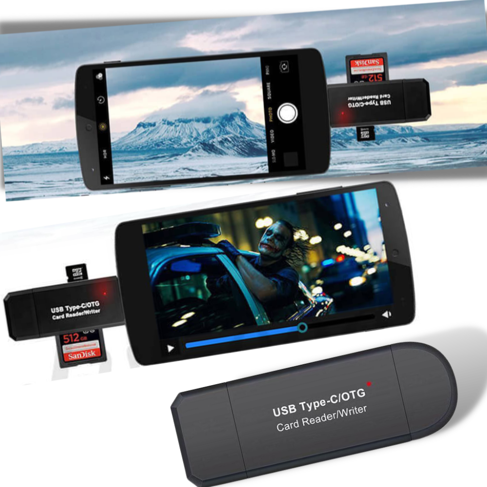 Leitor de cartões de memória USB 3 em 1 da Gbrotan, componente de computador, com portas para diferentes tipos de cartões.