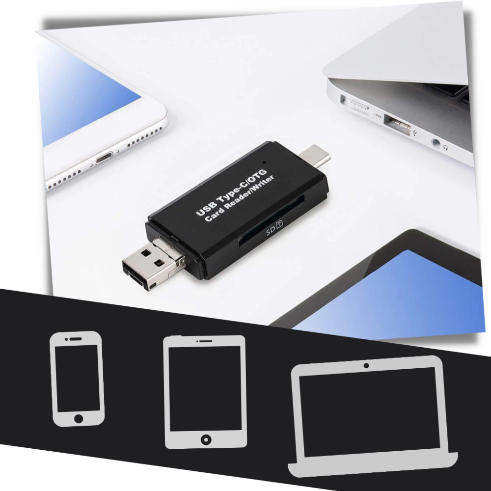 Leitor de cartão de memória USB 3 em 1 da Gbrotan, componente de computador, com várias portas para cartões de memória.