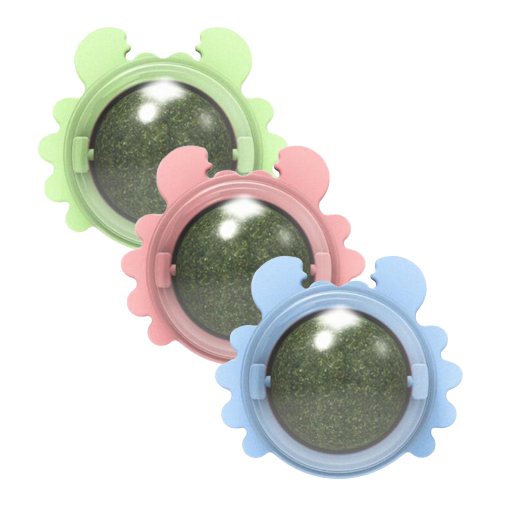 Brinquedo bola de hortelã rotativa para gatos Linfan, acessório de diversão com detalhes coloridos e superfície giratória.