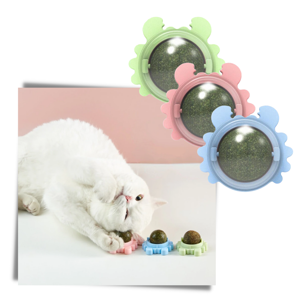 Brinquedo para gatos Linfan, bola de hortelã rotativa com detalhes coloridos, ideal para estimular a brincadeira do felino.