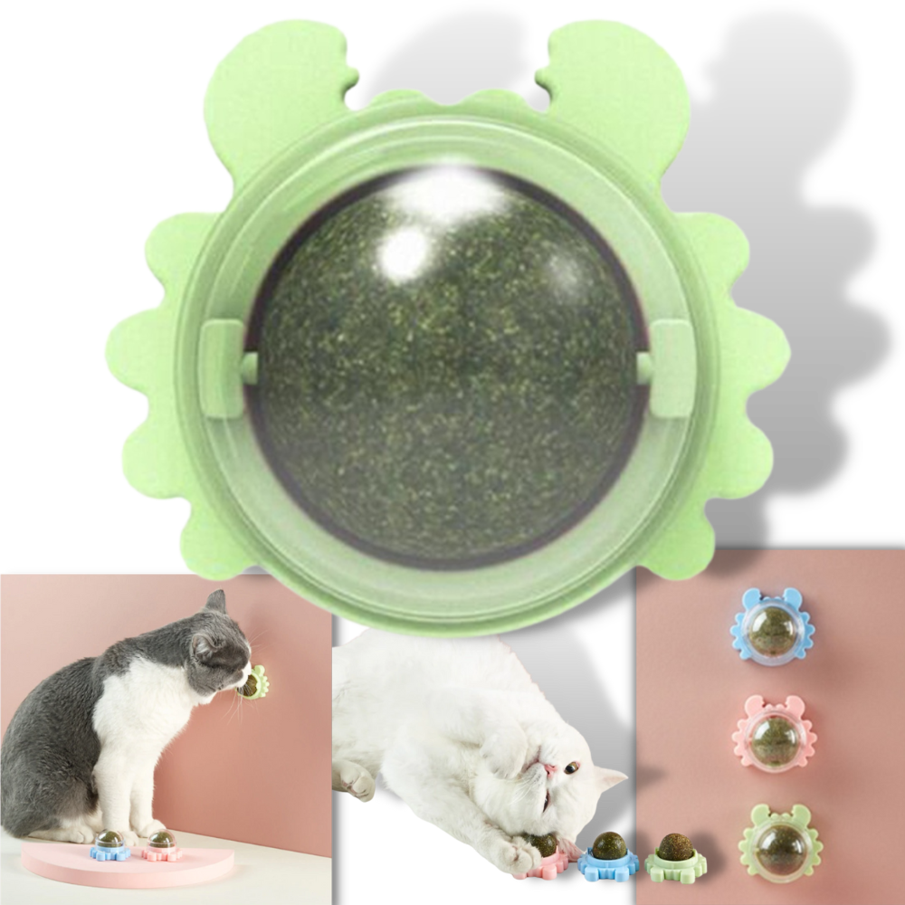 Bola de menta rotativa para gatos da marca Linfan, acessório divertido com design colorido e texturas para estimular o brincar.