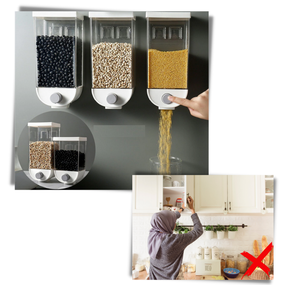 Distributeur mural de céréales Romacci, utensílio de cozinha com compartimentos para armazenamento organizado de cereais.