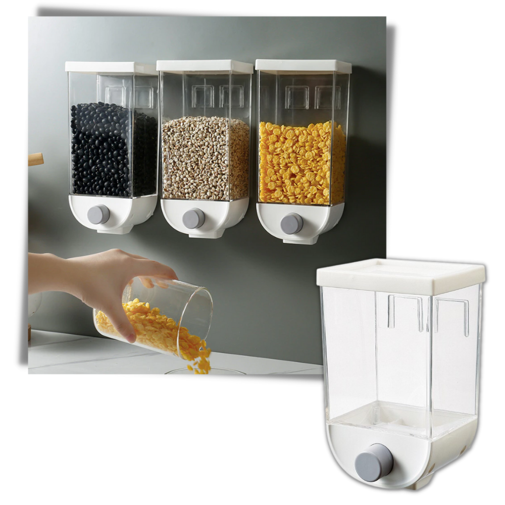 Dispensador de cereais de parede Romacci, com compartimentos transparentes para armazenamento de grãos e cereais.