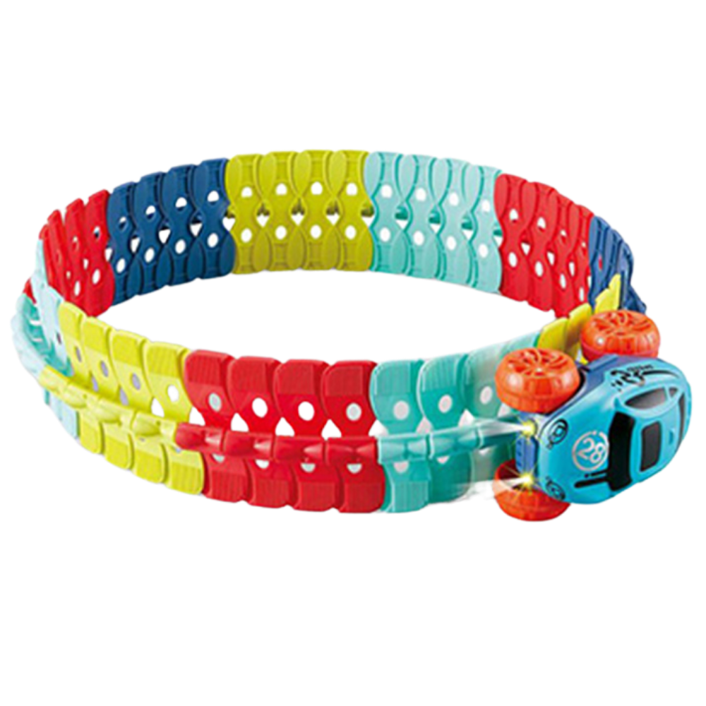 Pista de corrida de carros em trilhos flexíveis para veículos de brinquedo Yotijar, com 46 peças coloridas e conectáveis.