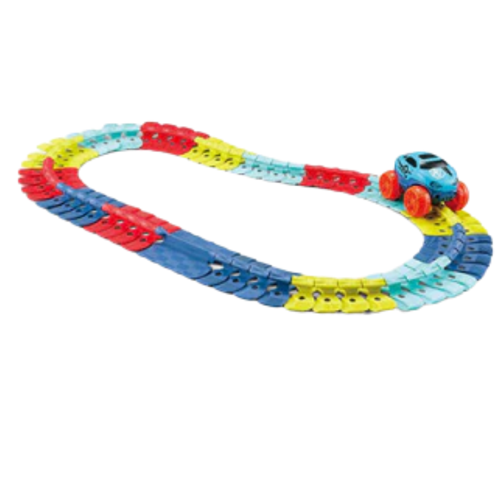 Circuit em trilhos flexíveis Yotijar para veículos de brinquedo, com 27 peças intercambiáveis para montar diferentes pistas.