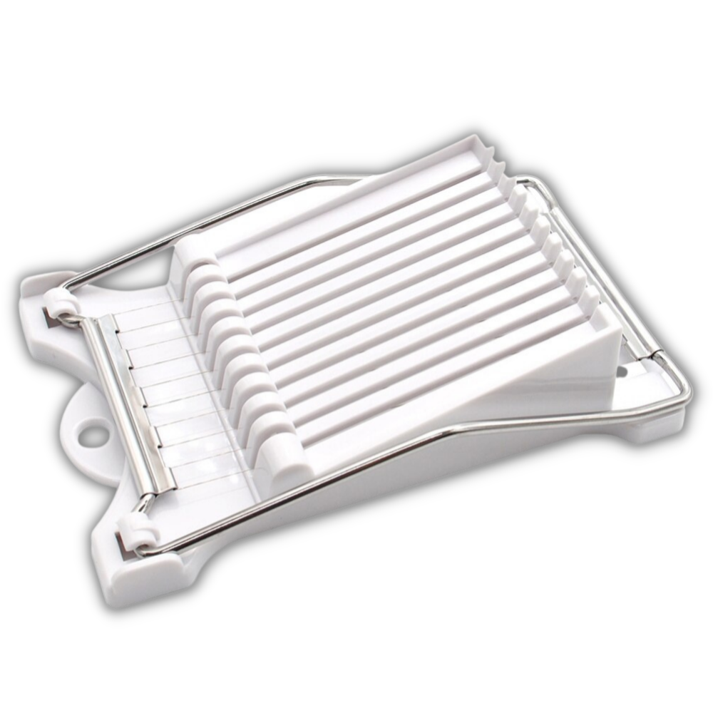Foeses cutter de alimentos branco, utensílio de cozinha para fatiar queijos e alimentos com lâmina afiada.