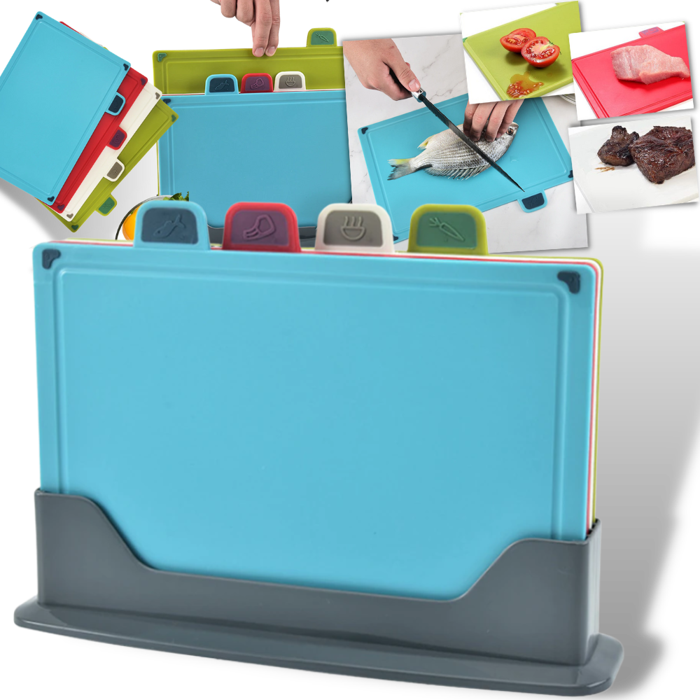 Conjunto de 4 tábuas de corte com suporte da Casewin para cozinha, feitas de material resistente para preparação de alimentos.