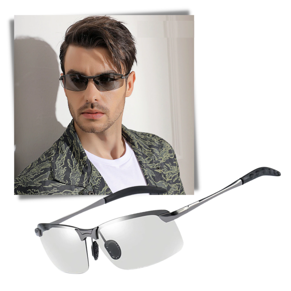 Óculos de sol UV fotochromáticos para homens da marca Jr, armação ajustável com lentes que mudam de cor ao sol.