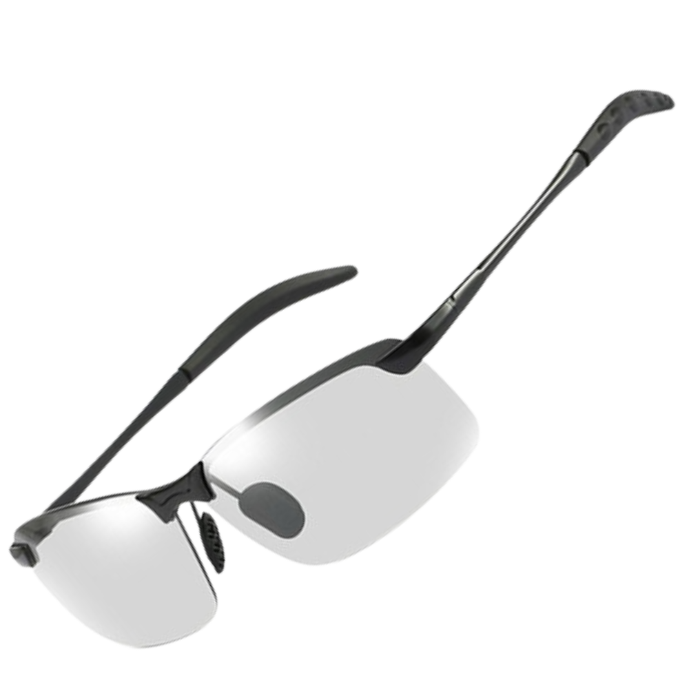 Óculos de sol UV fotochromáticos para homens da marca Jr, armação preta com lentes que ajustam à luz.