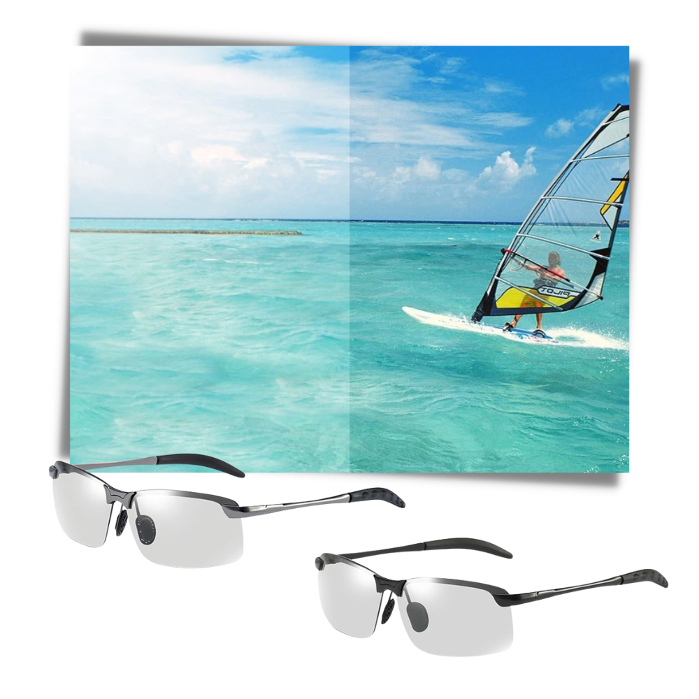 Óculos de sol UV fotochromicos para homens da marca Jr, com lentes que mudam de cor conforme a luz ambiente.