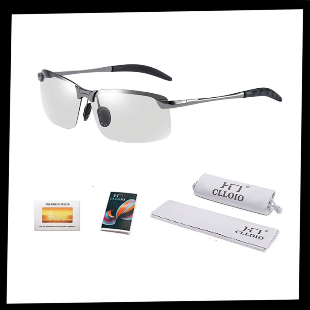 Óculos de sol fotochromáticos UV para homens da marca Jr, com lentes que ajustam à luz ambiente.