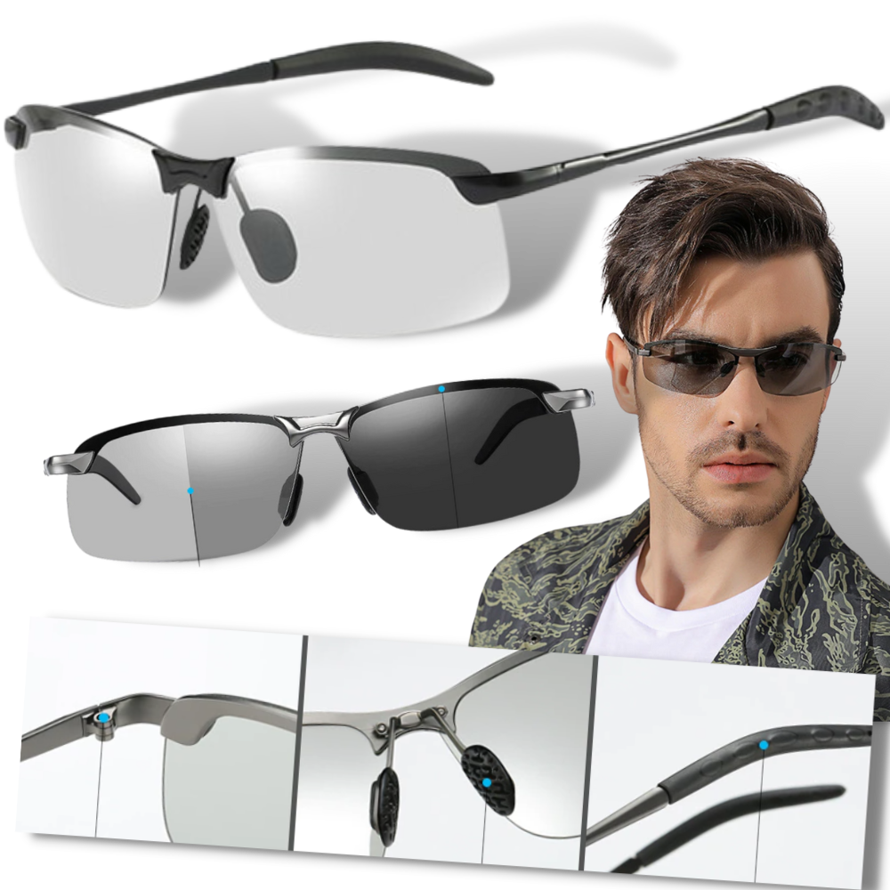 Óculos de sol UV fotochromáticos para homens da marca Jr, com lentes que se ajustam à luz ambiente.