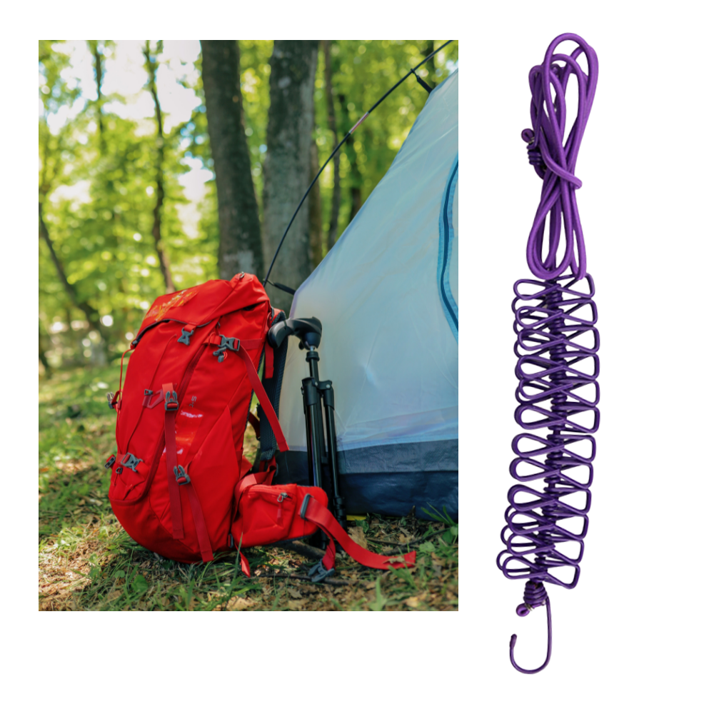 Varal de camping extensível de 4m da Sodial, leve e portátil, ideal para secar roupas ao ar livre durante acampamentos.