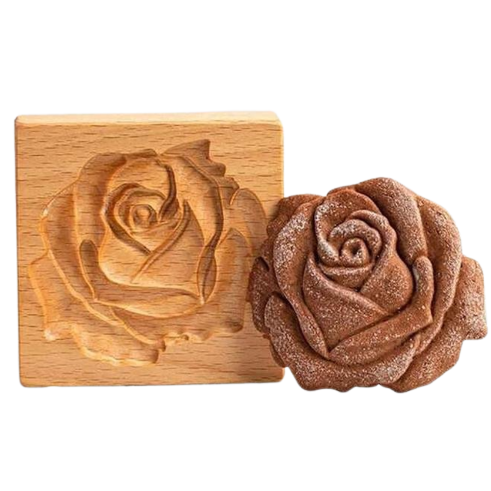 Forma de madeira para biscoitos Eastjing com detalhes de rosas, ideal para confeitaria e decoração de doces.