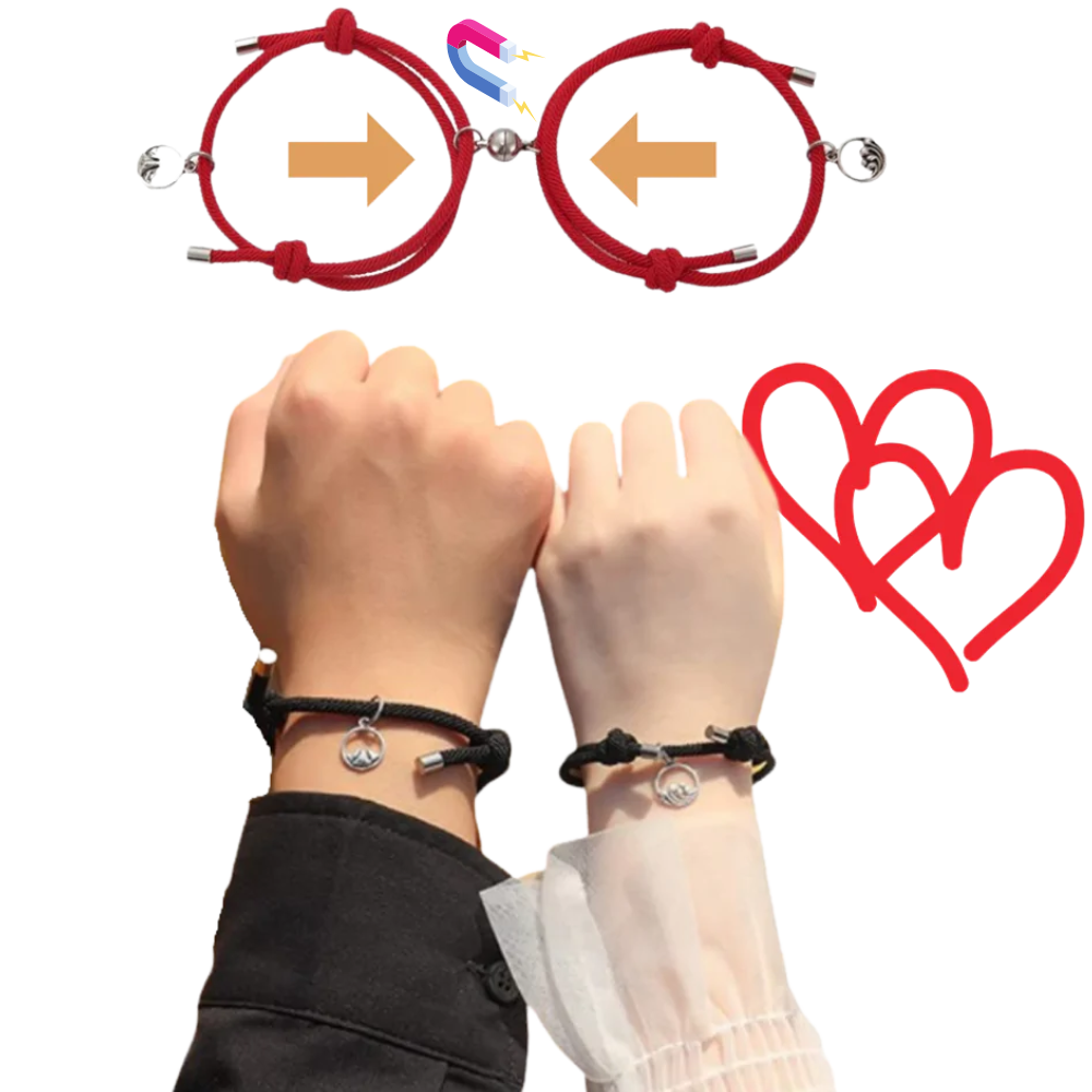 Par de pulseiras magnéticas para casais da Ladychenile, com design elegante e detalhes em metal e couro.