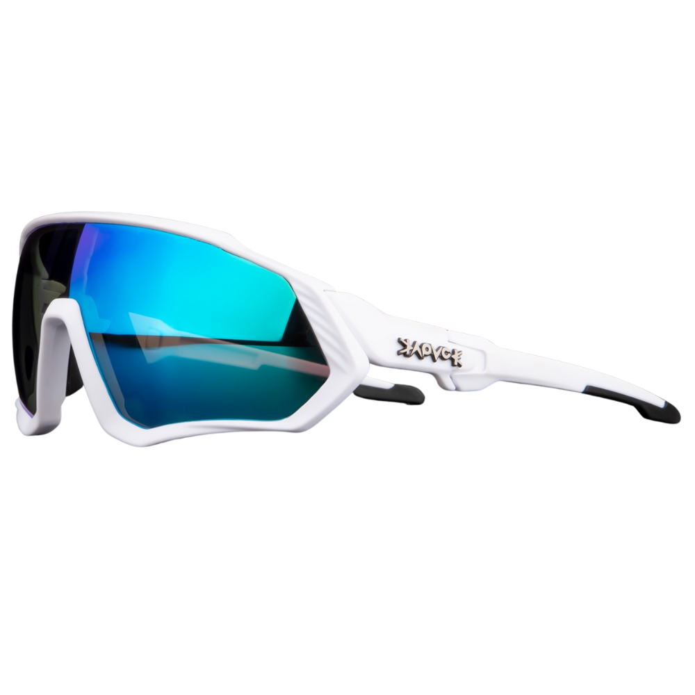 Óculos de sol polarizado para ciclismo, armação moderna e lentes espelhadas, ideal para proteção durante o esporte.
