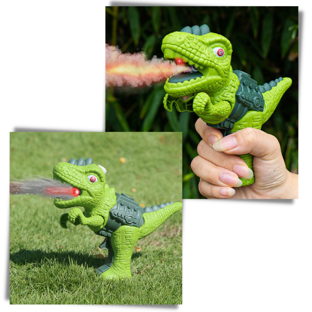 Figurina de dinossauro com lança de fogo, brinquedo de coleção Sesaver, parte de coffret de figuras de dinossauros.