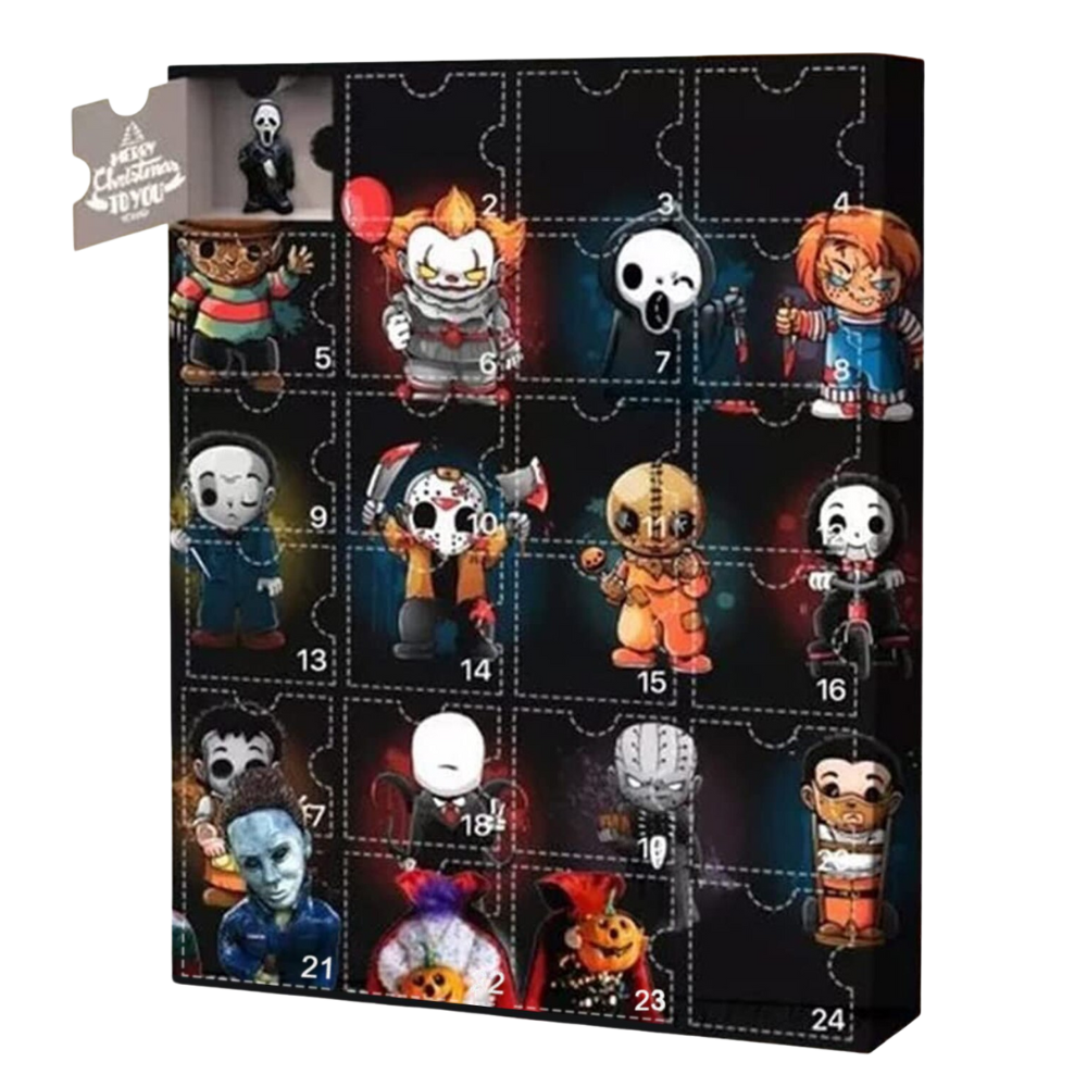 Bonecas de Halloween colecionáveis para crianças, conjunto de figuras assustadoras da marca Wjkb, em embalagem de calendário.