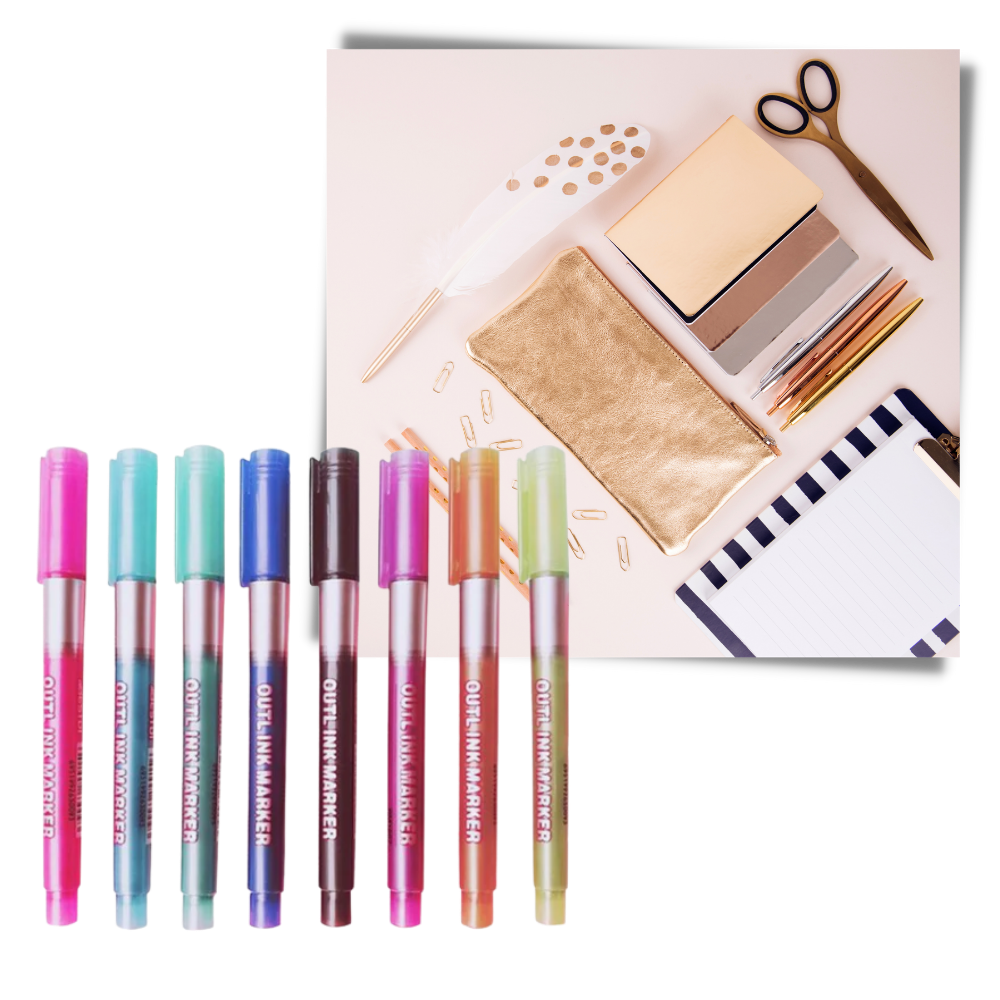 Conjunto de 8 canetas de dupla linha da marca Meitianfacai, instrumentos de escrita e desenho para várias superfícies.