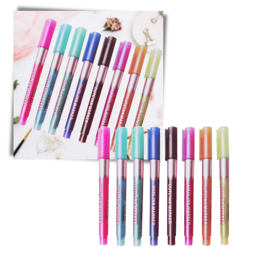 Conjunto de 8 marcadores de linhas duplas Meitianfacai com cores variadas para escrita e desenho.
