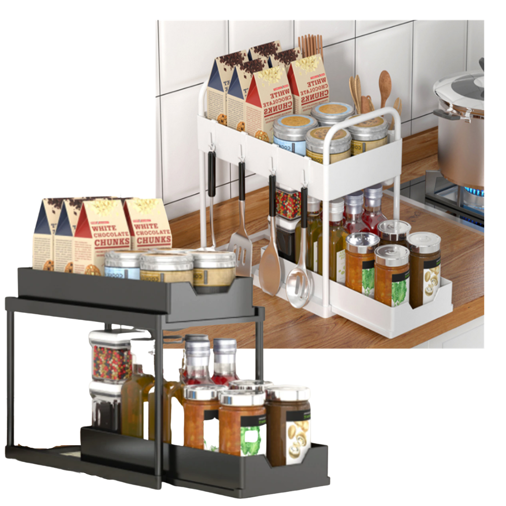 Porta-épices Alimaro com dois gavetas, organizado e compacto para utensílios de cozinha, ideal para economizar espaço.