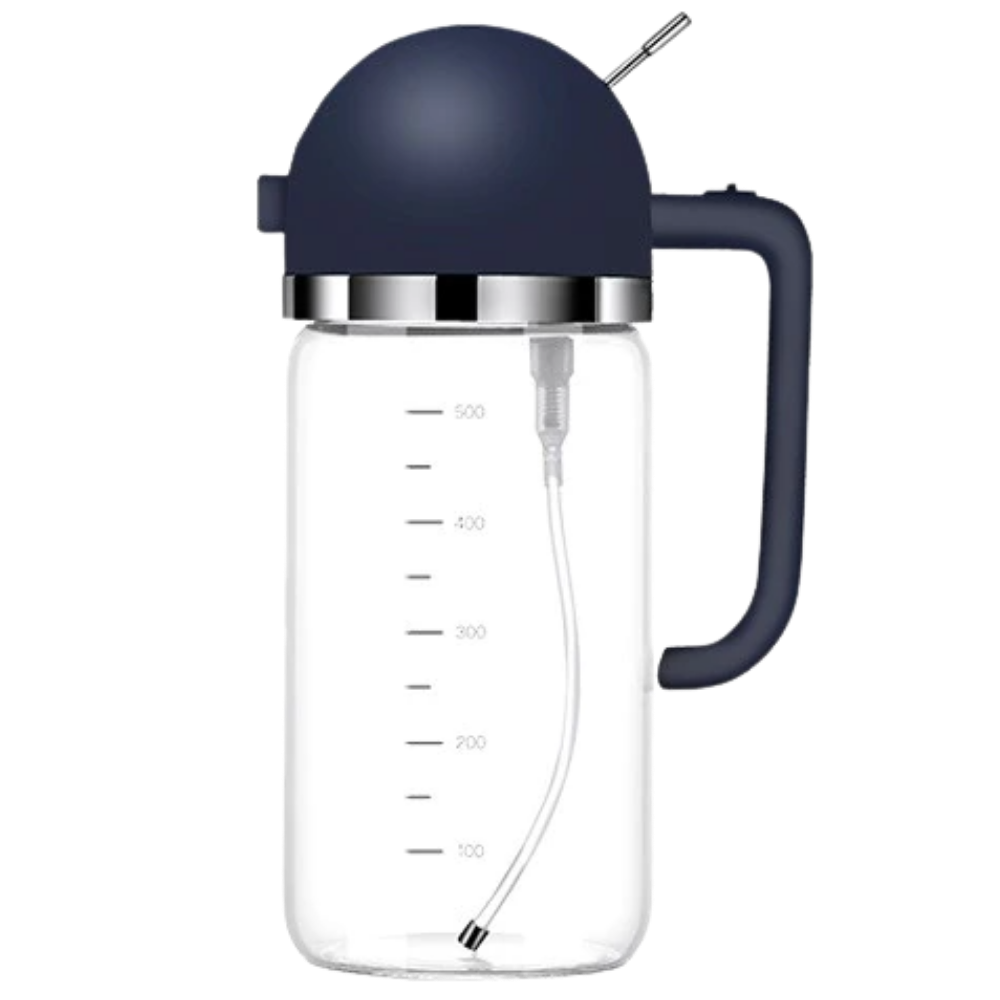 Frasco distribuidor de óleo com vaporizador e bico, utensílio de cozinha da marca Genérica, na cor azul.