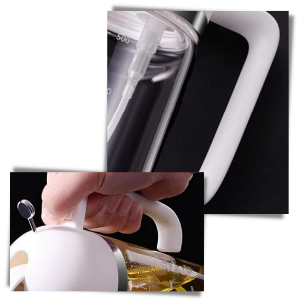 Borrifador e garrafa de óleo da marca Genérico, utensílios de cozinha com válvula de vapor e abertura para despejo.