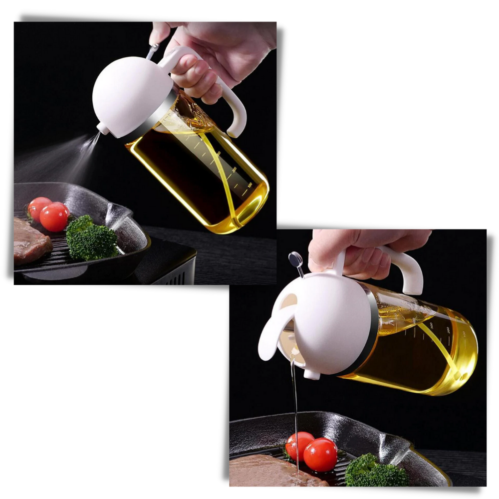 Borrifador de óleo genérico com design duplo, para vaporizar ou verter óleo em utensílios de cozinha.