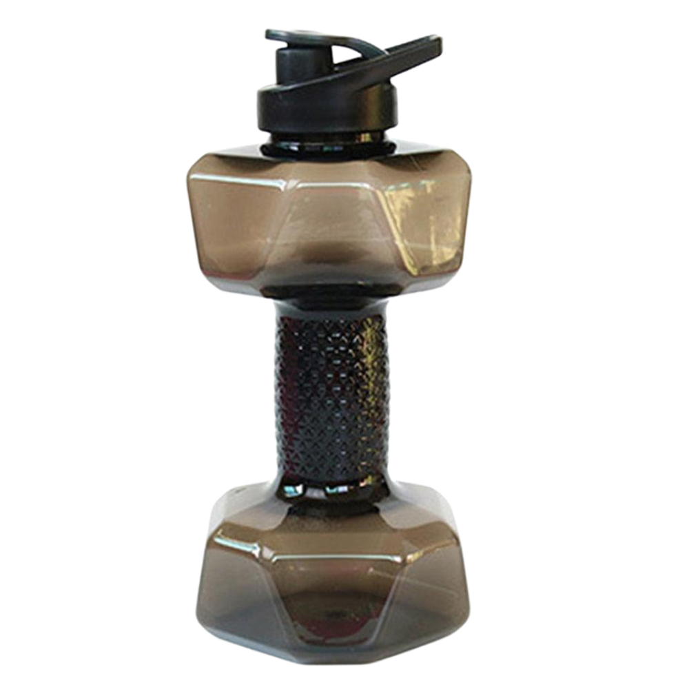 Suporte para alimentos e bebidas Nuolux, com garrafa de água em formato de haltere preto, ideal para exercícios e hidratação.