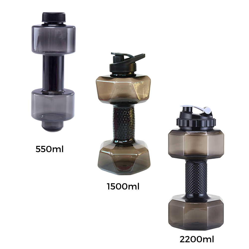 Suporte para alimentos e bebidas Nuolux em forma de garrafa de água e haltere, feito de material resistente e prático.