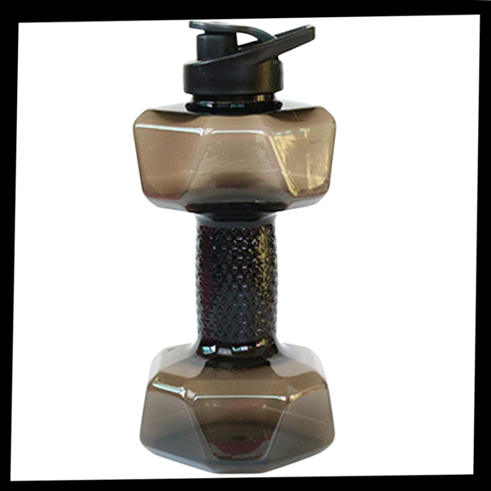Suporte para alimentos e bebidas Nuolux com garrafa de água em forma de haltere para exercícios e hidratação.