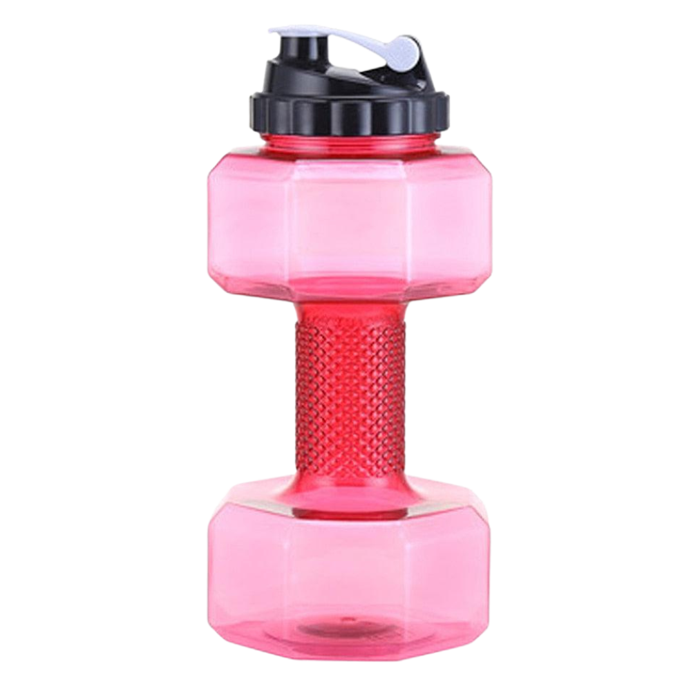 Suporte para alimentos e bebidas Nuolux em formato de garrafa de água e haltere vermelho, ideal para manter líquidos e snacks.