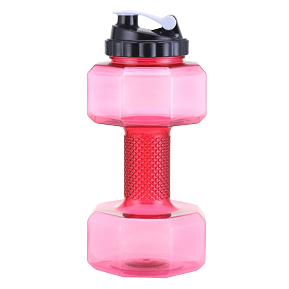 Suporte para alimentos e bebidas Nuolux com garrafa de água em formato de haltere vermelho, ideal para exercícios e hidratação.