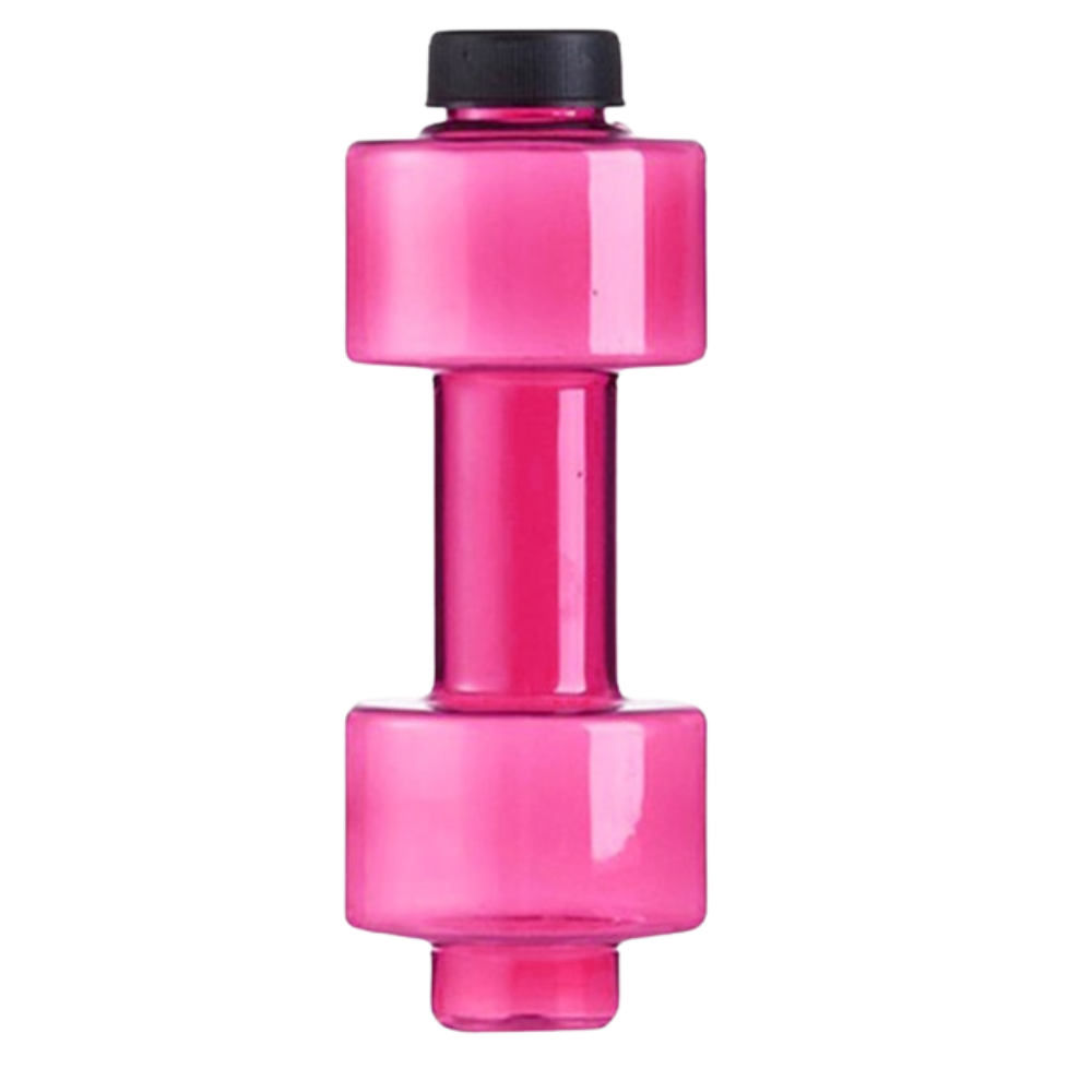 Suporte para alimentos e bebidas Nuolux em formato de haltere, com garrafa de água vermelha, ideal para hidratação durante exercícios.