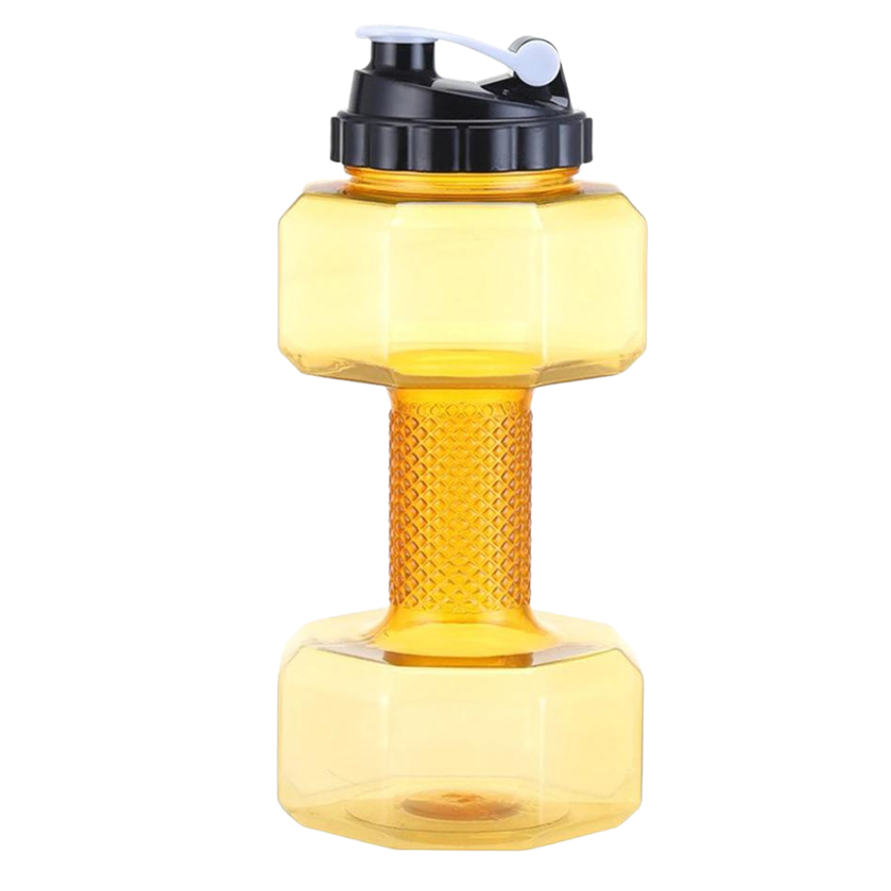 Suporte para alimentos e bebidas Nuolux em formato de haltere amarelo, ideal para garrafas de água e lanches.